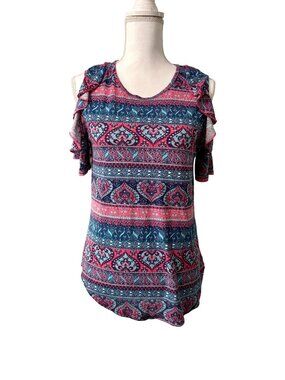 Joe Boxer Cold Shoulder Boho Top W/ Pink & Blue Paisley Pattern Womens Junior L